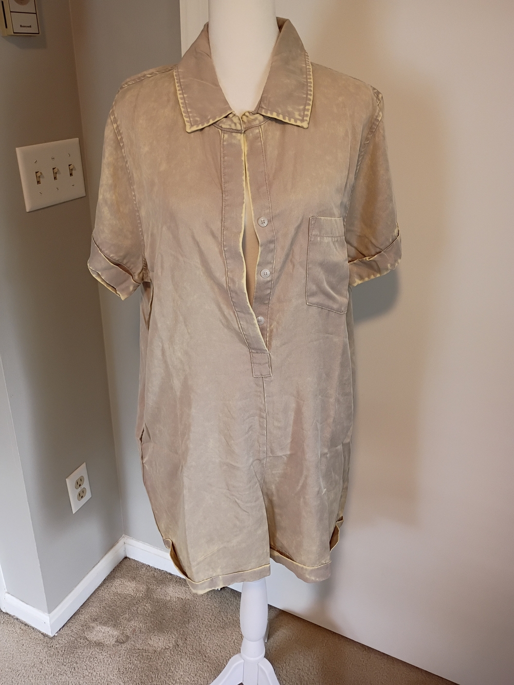 Beige Short Sleeve Button Romper